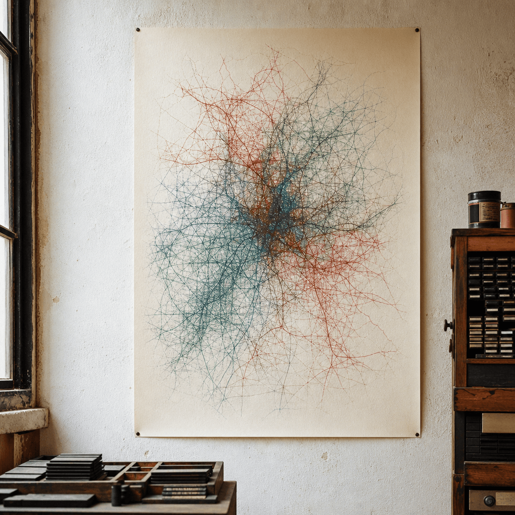 A printed map of one athlete's traces, pinned to the wall of a printing workshop.